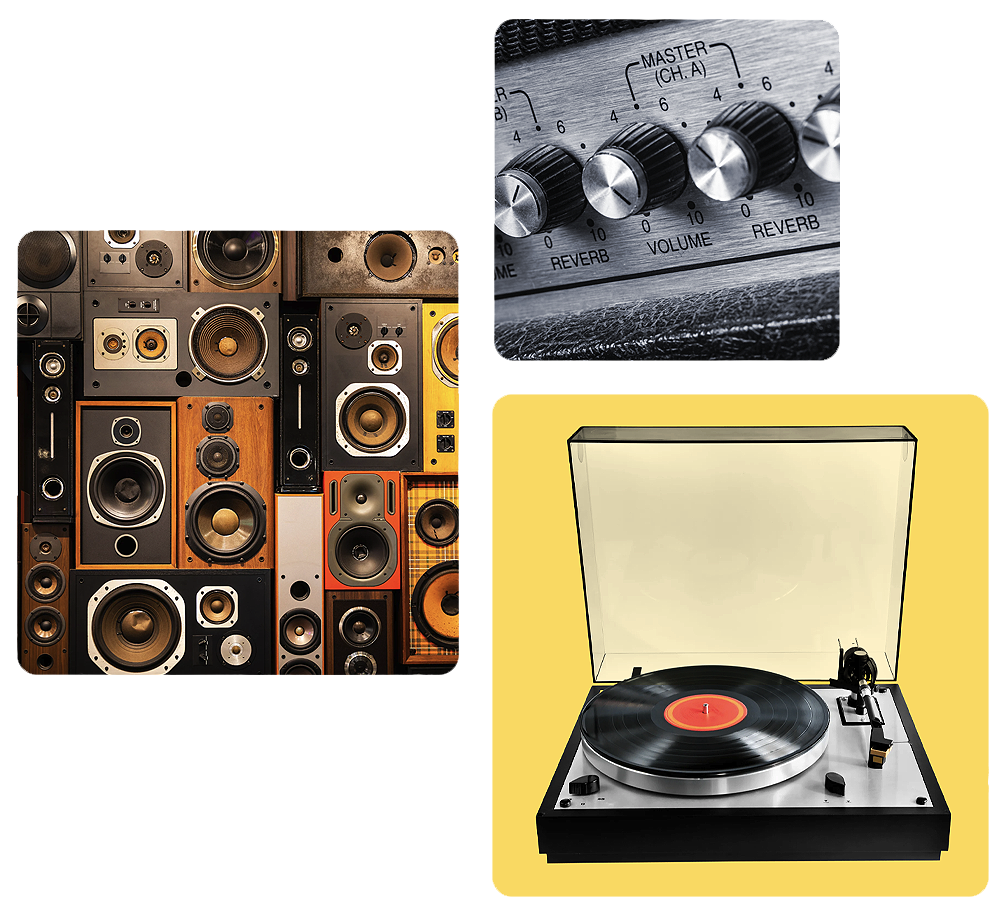 Foto placeholder: toca-discos e amplificador vintage